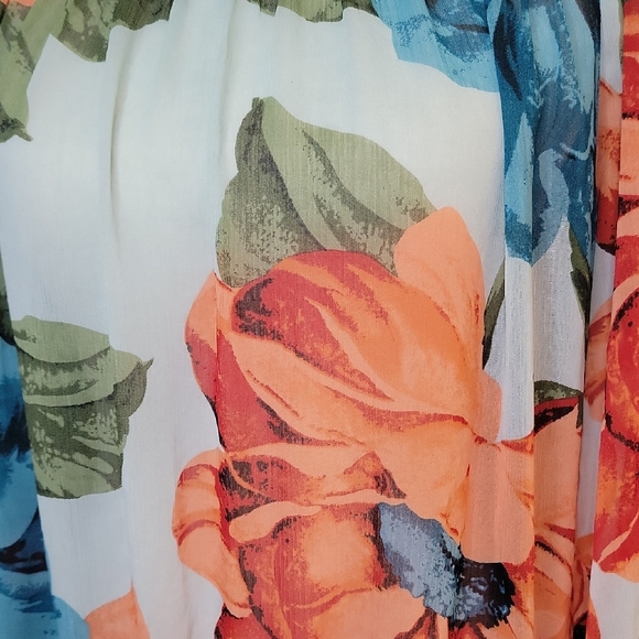 Floral Off-Shoulder Blouse Sheer Blue Teal Orange Green - Picture 9 of 12